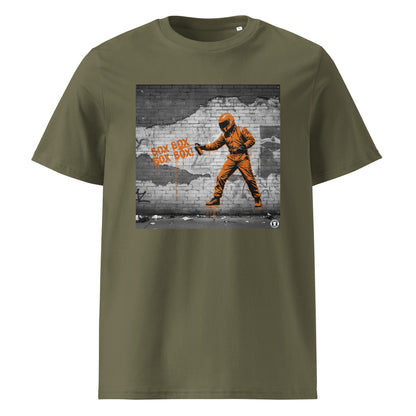 Khaki organic cotton F1 t-shirt with BOX BOX graffiti art of an F1 car on a brick wall, showcasing bold papaya orange and black design by TheTeeShop.