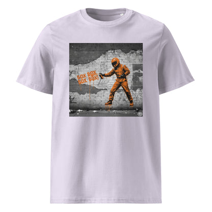 Lavender organic cotton F1 t-shirt with BOX BOX graffiti art of an F1 car on a brick wall, showcasing bold papaya orange and black design by TheTeeShop.