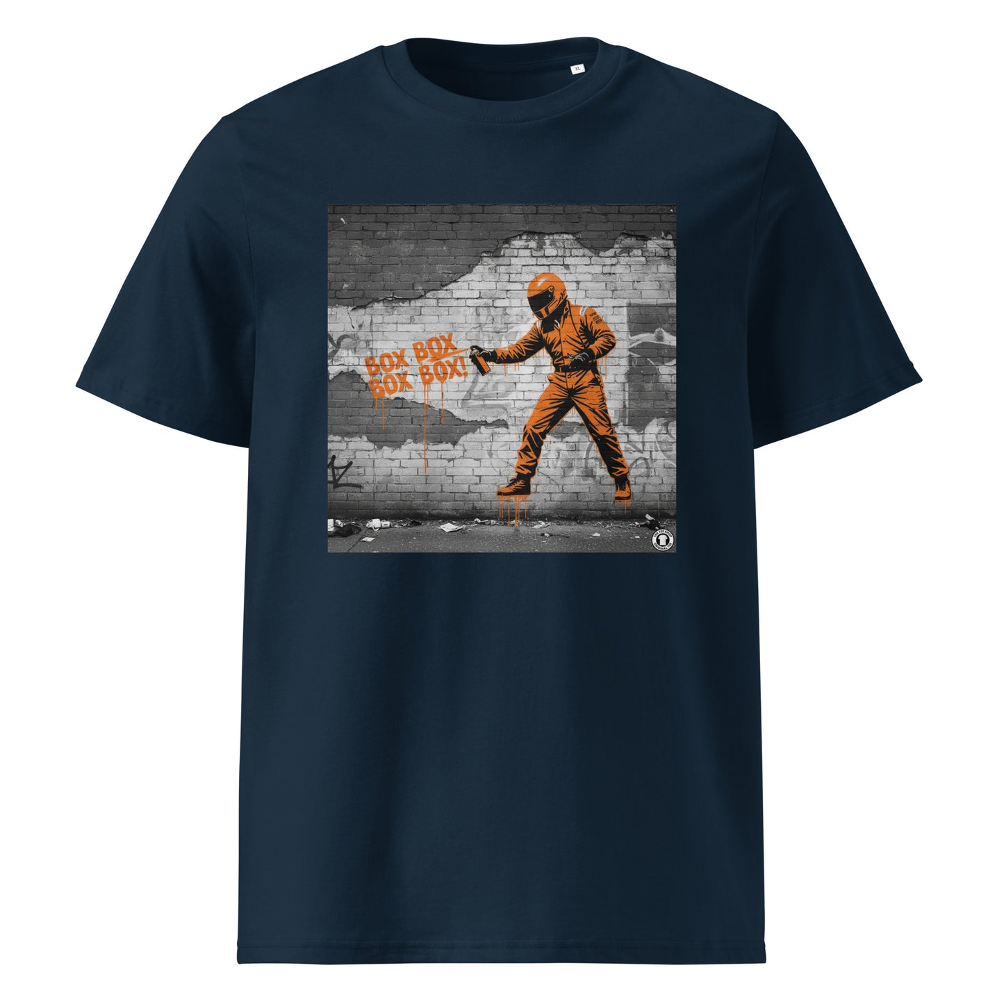 French Navy organic cotton F1 t-shirt with BOX BOX graffiti art of an F1 car on a brick wall, showcasing bold papaya orange and black design by TheTeeShop.