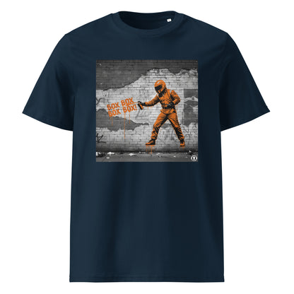 French Navy organic cotton F1 t-shirt with BOX BOX graffiti art of an F1 car on a brick wall, showcasing bold papaya orange and black design by TheTeeShop.