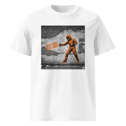 White organic cotton F1 t-shirt with BOX BOX graffiti art of an F1 car on a brick wall, showcasing bold papaya orange and black design by TheTeeShop.