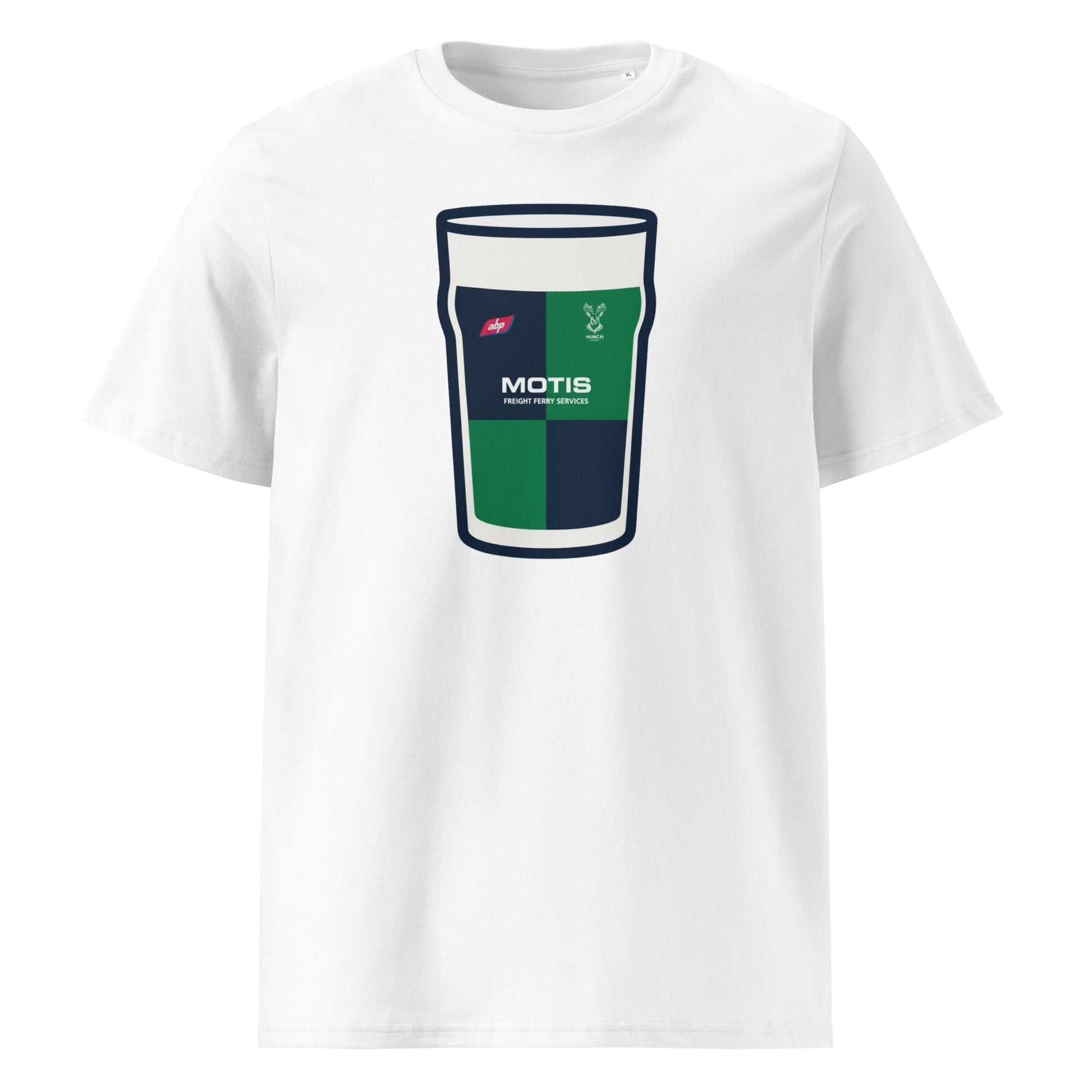 White Ballynahinch RFC Mega Pint Rugby T-Shirt with green and navy pint glass graphic, MOTIS sponsor detail, ABP patch and Ballynahinch crest.