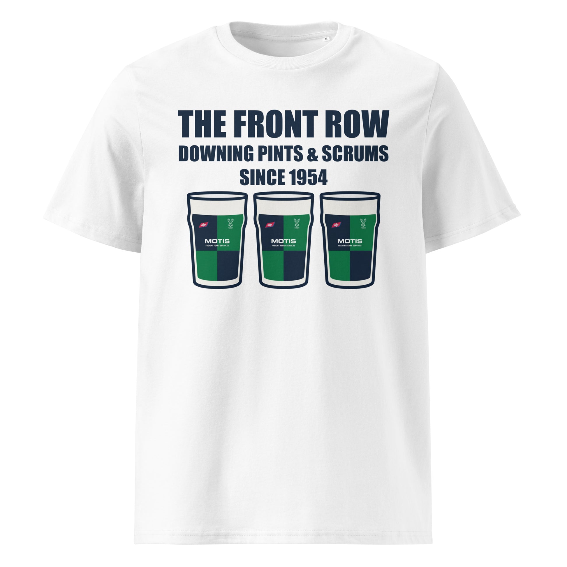White Ballynahinch RFC rugby t-shirt with dark slogan text reading The Front Row Downing Pints & Scrums Since 1954 and three pint glasses in club colours.