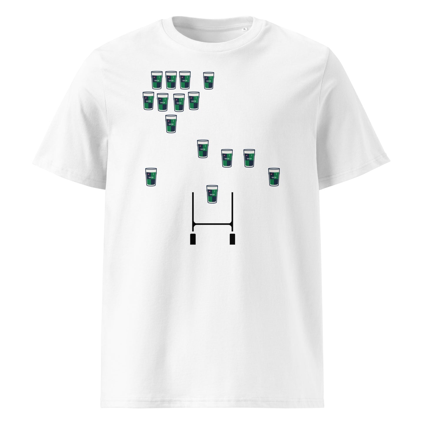 White Ballynahinch RFC rugby t-shirt featuring green and navy pint glasses arranged in a rugby team formation above rugby posts.
