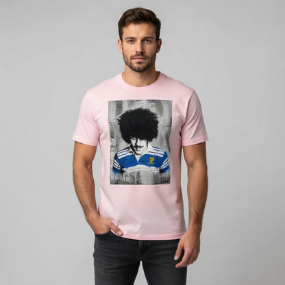 Male model wearing a Bassline Rebel Leinster Legends t-shirt with Phil Lynott in a retro rugby jersey print.