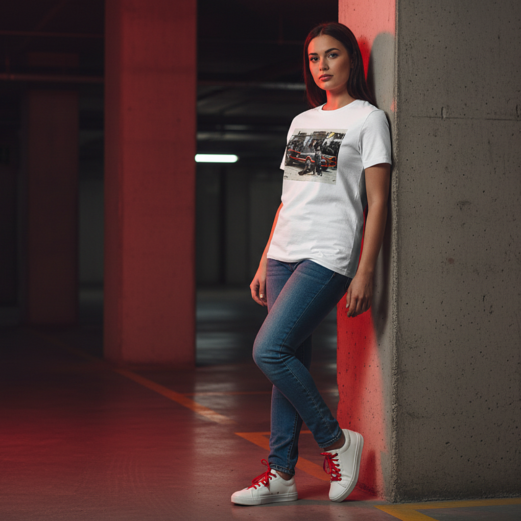 Female model in a white Bat Stop Graffiti T‑Shirt, blue jeans and white trainers with red laces, leaning against a concrete pillar in a moody red‑lit underground car park, with the Bat Stop graphic sharp and centered.