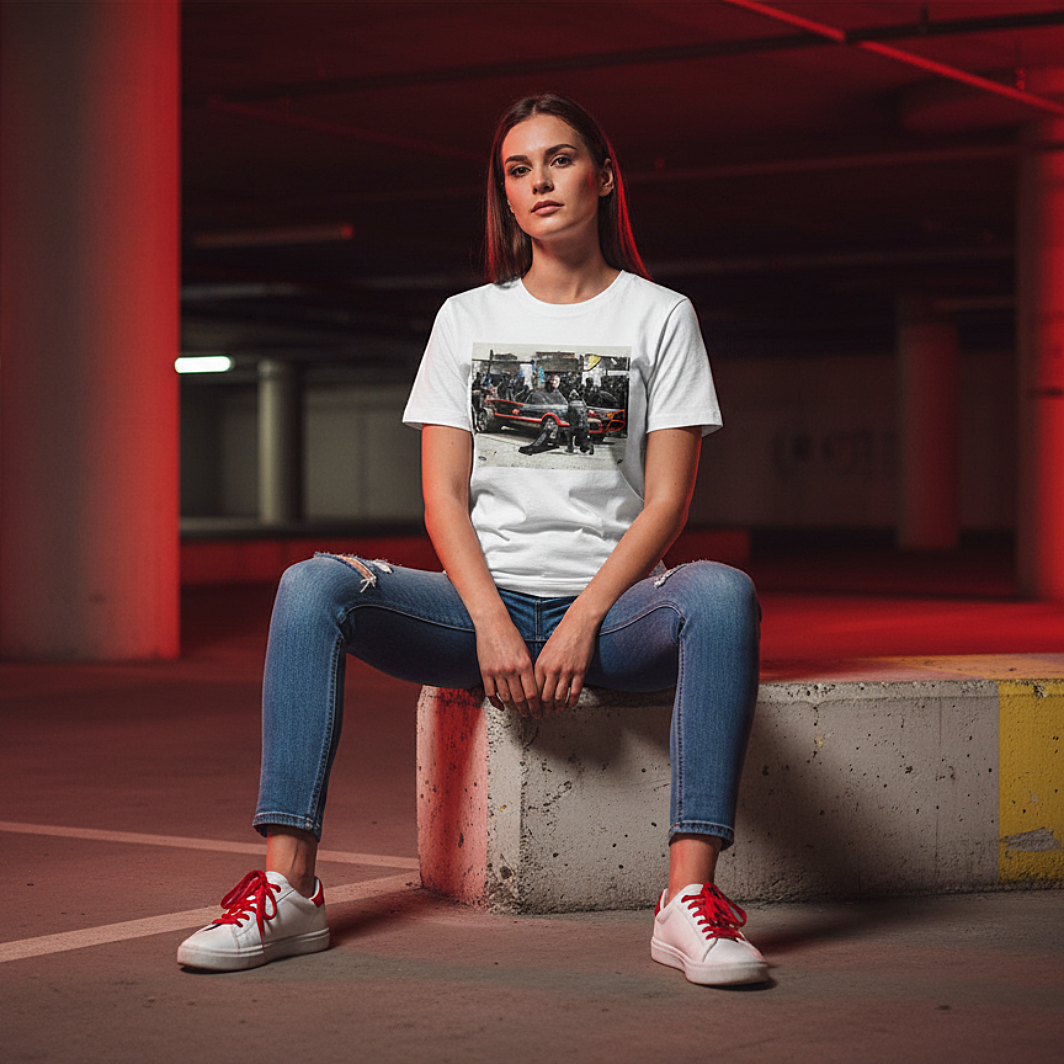 Female model seated on a concrete barrier in an underground car park wearing a white Bat Stop Graffiti T‑Shirt, blue jeans and white trainers with red laces, under moody red lighting with the pit stop car graphic clearly visible.