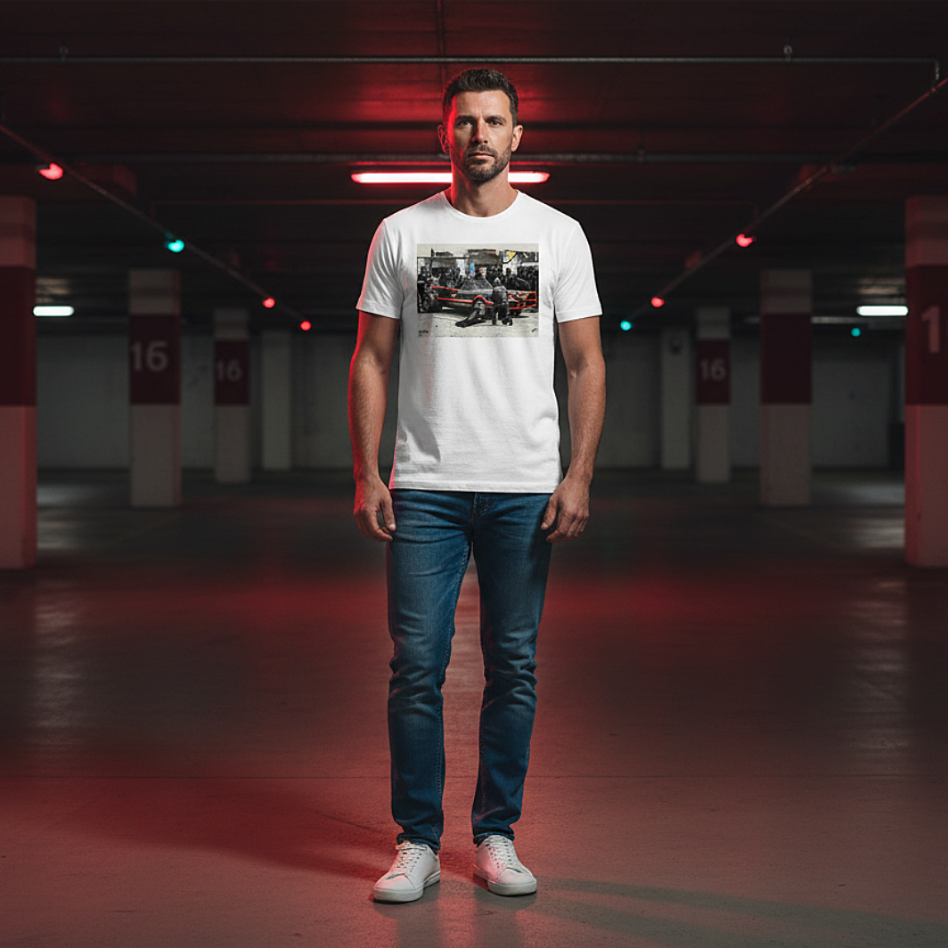 Male model wearing a white Bat Stop Graffiti T‑Shirt with a black car and red accents pit stop design, blue jeans and white trainers, standing in an underground car park with red lighting.