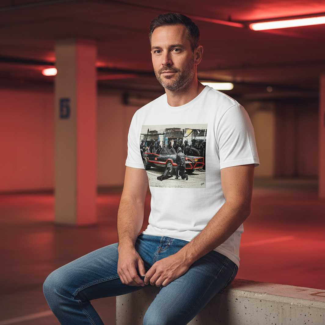 Male model in a white Bat Stop Graffiti T‑Shirt, blue jeans and white trainers, seated on a concrete barrier in a red‑lit underground car park, with the chest graphic shown in sharp detail.
