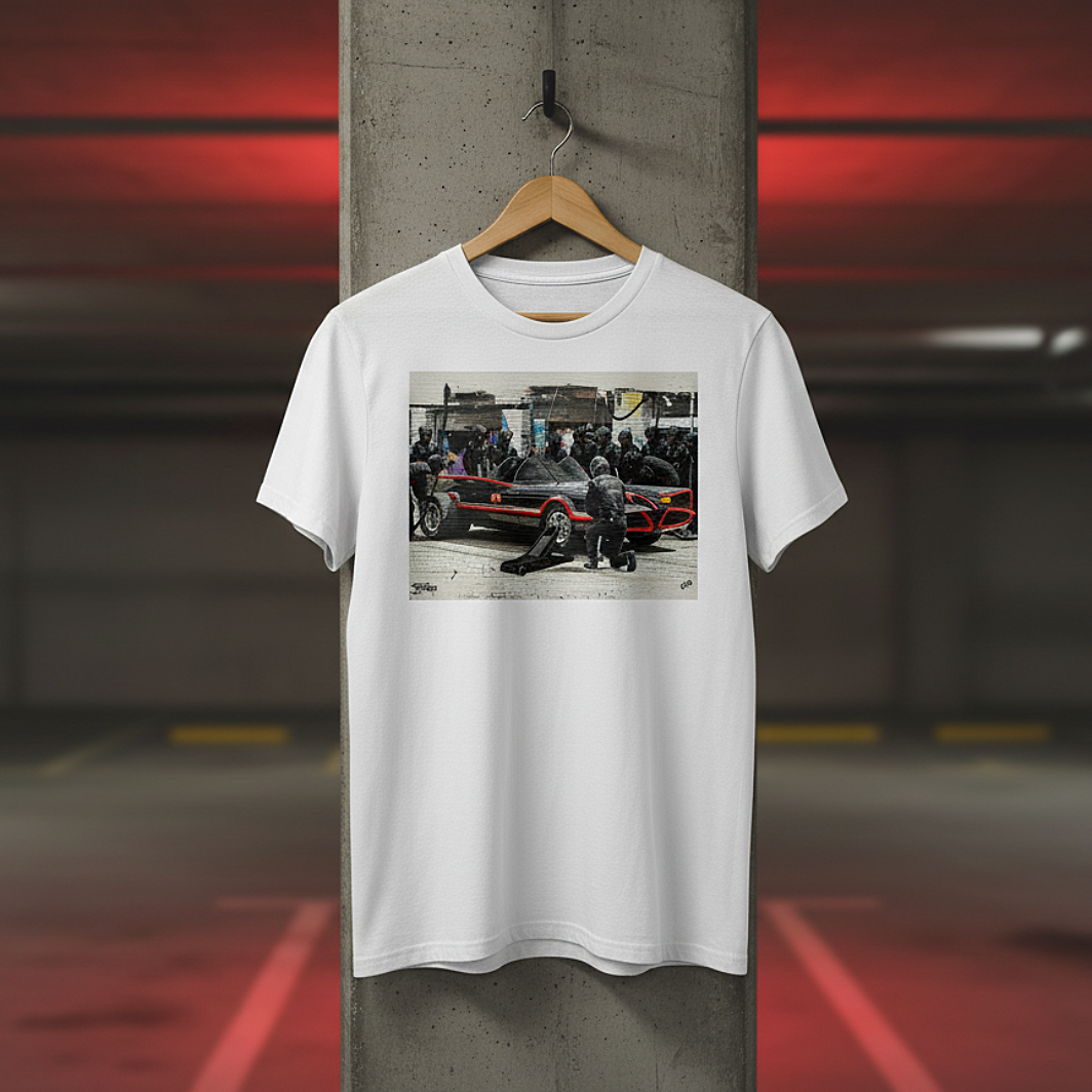 White Bat Stop Graffiti T‑Shirt with a black car and red accents pit stop design hanging on a wooden hanger in an underground car park, with concrete background and red lighting.