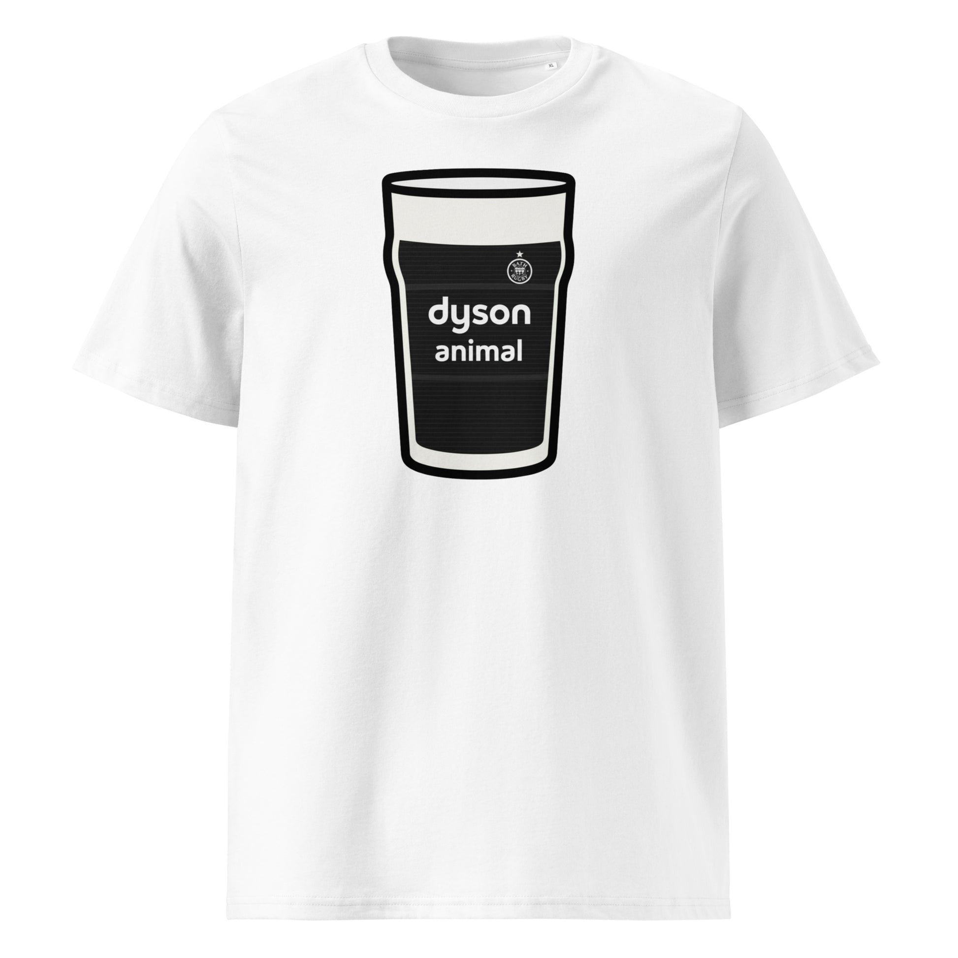 White Bath European Mega Pint Rugby T-Shirt with black pint glass graphic, Dyson Animal sponsor detail and Bath Rugby crest.