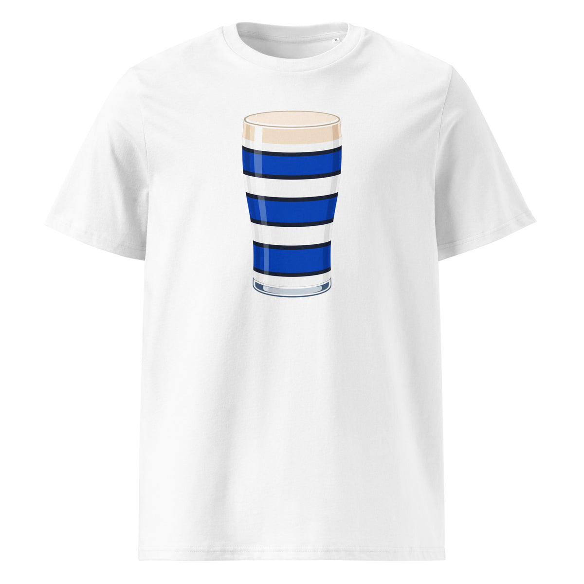 White organic cotton rugby t-shirt featuring blue, black, and white hooped pint glass print design