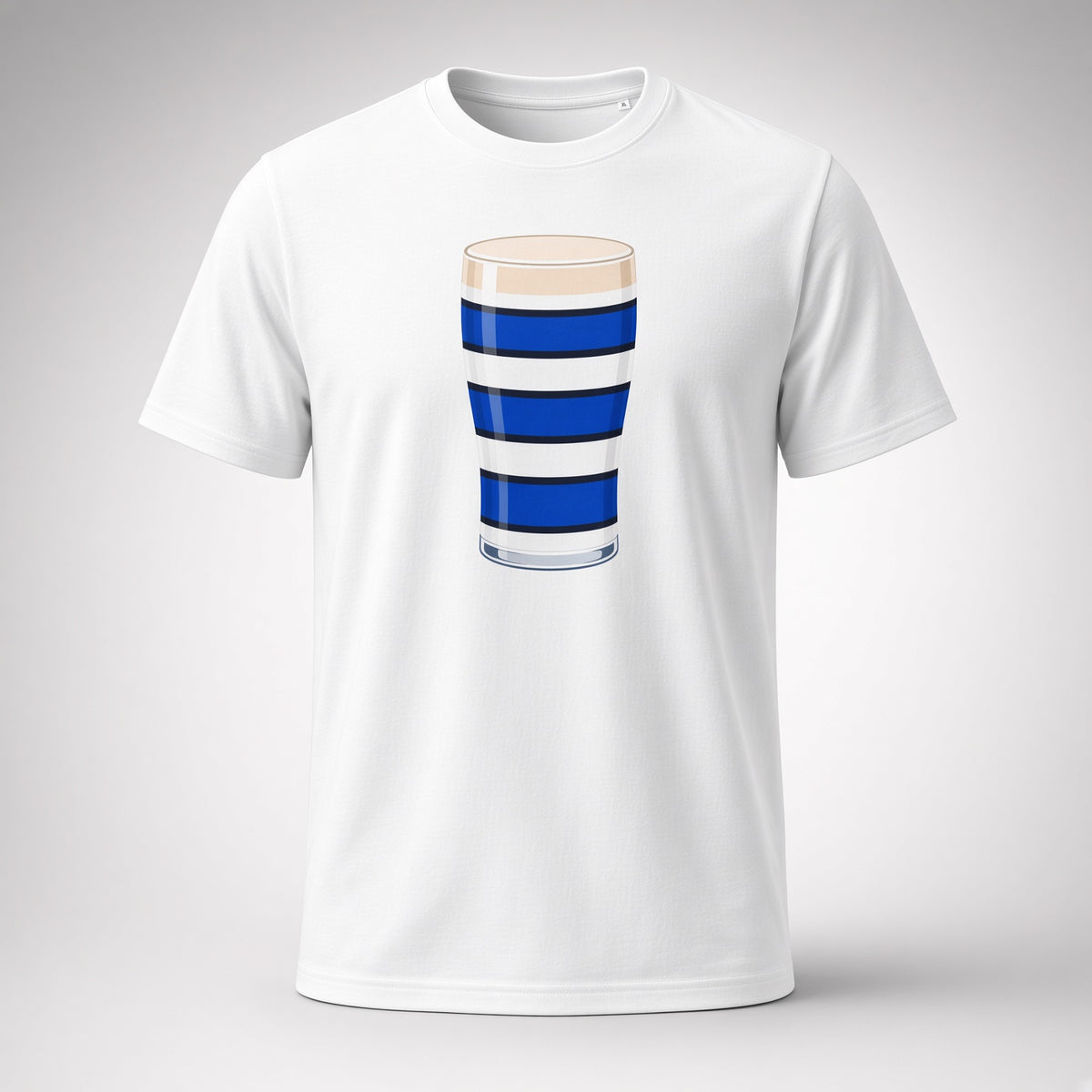 White organic cotton rugby t-shirt featuring blue, black and white hooped glass design