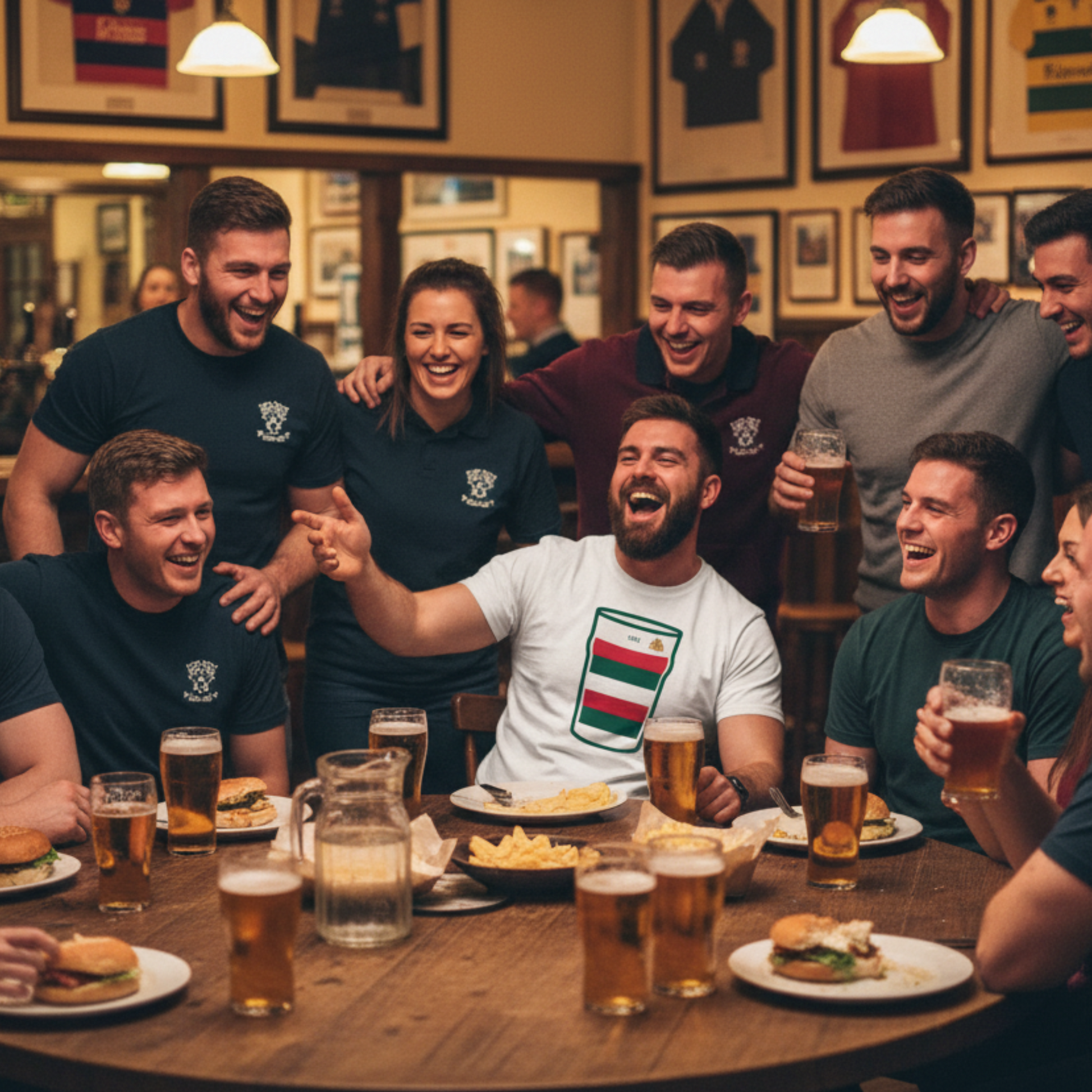 Group of rugby players and supporters laughing together in a clubhouse, with one man wearing the white Bective Mega Pint Rugby T-Shirt at the centre of the table with pints and food.