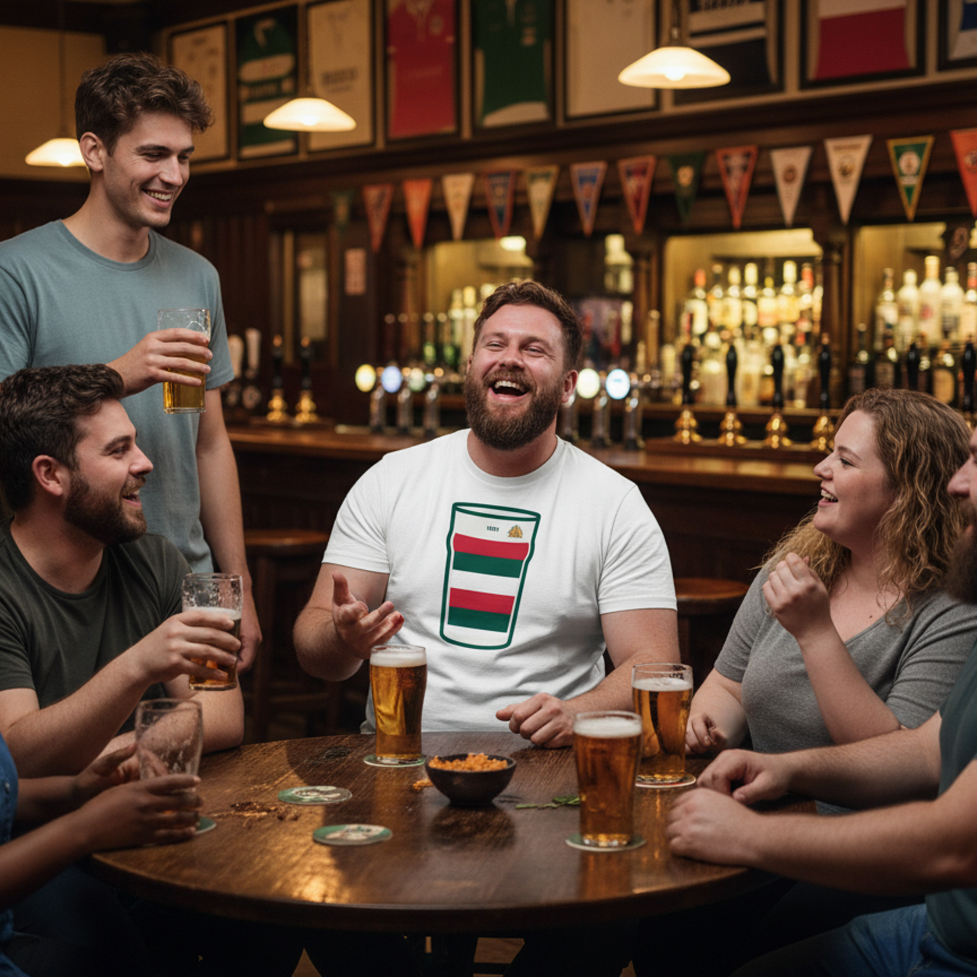 Man wearing white Bective Mega Pint Rugby T-Shirt laughing with friends around a pub table with pints, framed rugby jerseys and pennants visible on the wall behind.