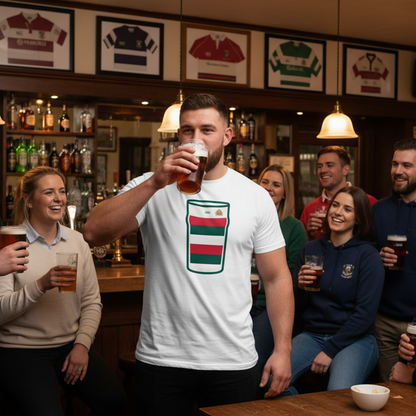 Man wearing white Bective Mega Pint Rugby T-Shirt holding a pint in a busy pub surrounded by friends and teammates, with framed rugby jerseys on the wall behind.