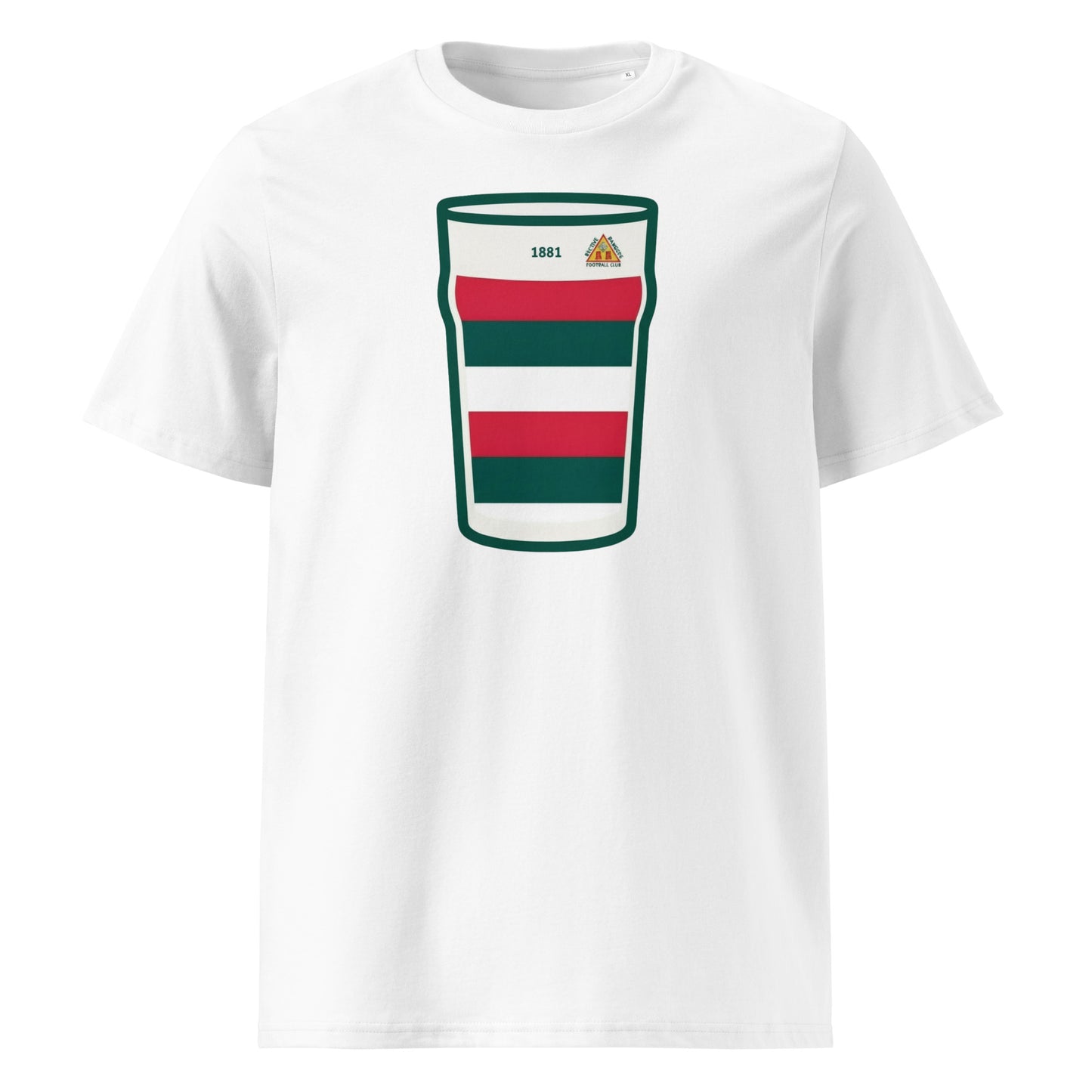 White Bective Mega Pint Rugby T-Shirt featuring a pint glass graphic in green, red and white club colours.