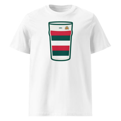 White Bective Mega Pint Rugby T-Shirt featuring a pint glass graphic in green, red and white club colours.