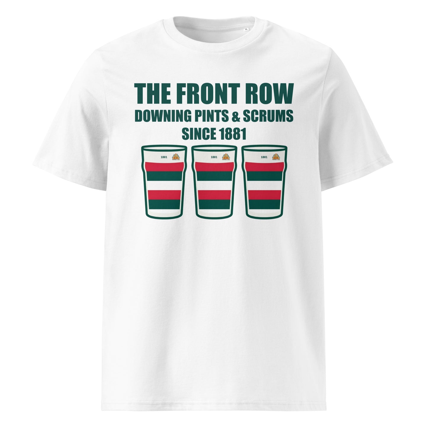 White Bective Rangers RFC rugby t-shirt with green slogan text and three pint glasses in green, red and white club colours, each showing 1881.