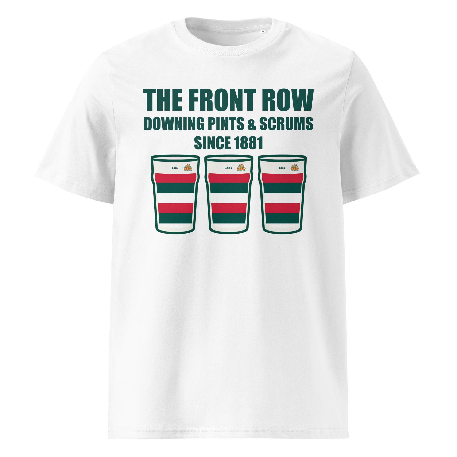 White Bective Rangers RFC rugby t-shirt with green slogan text and three pint glasses in green, red and white club colours, each showing 1881.