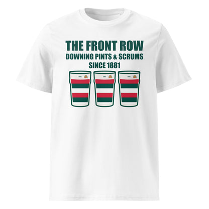 White Bective Rangers RFC rugby t-shirt with green slogan text and three pint glasses in green, red and white club colours, each showing 1881.