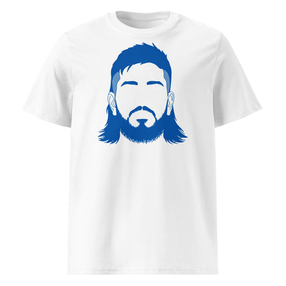 White rugby t-shirt featuring a blue silhouette graphic inspired by Big Joe McCarthy, designed for Leinster fans.