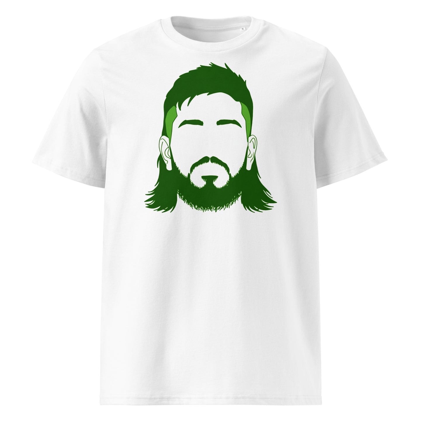 White rugby t-shirt featuring a green silhouette graphic inspired by Big Joe McCarthy, designed for Leinster fans.