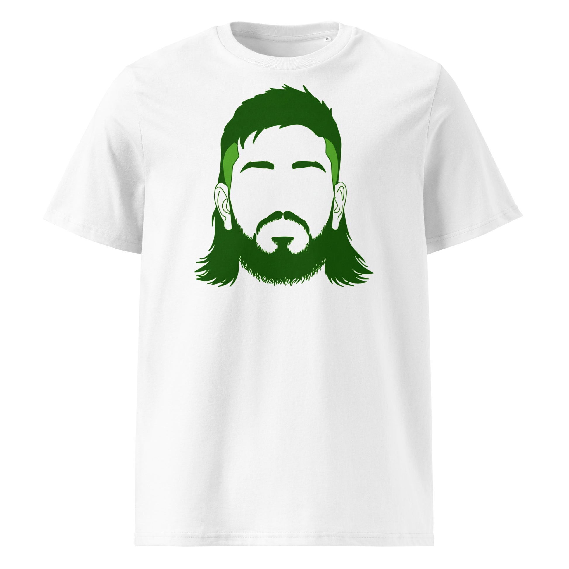 White rugby t-shirt featuring a green silhouette graphic inspired by Big Joe McCarthy, designed for Leinster fans.