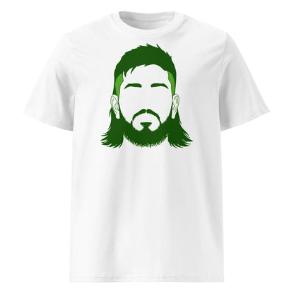 White rugby t-shirt featuring a green silhouette graphic inspired by Big Joe McCarthy, designed for Leinster fans.