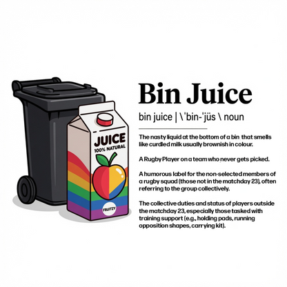 Close up of bin juice graphic and definition text on the front of t-shirt