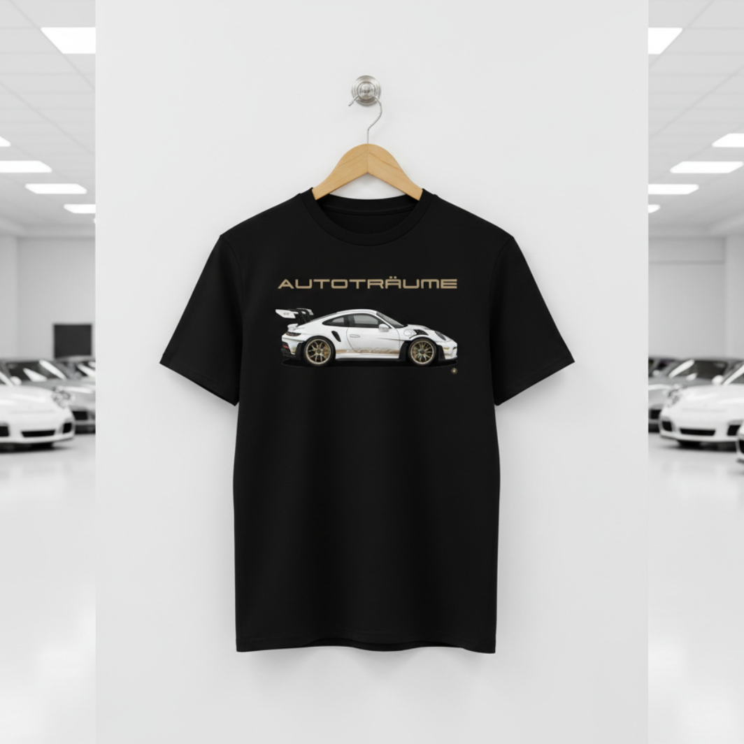 Black AUTOTRÄUME GT3 RS T-shirt featuring a white Porsche-style GT3 RS car graphic with gold details hanging on a premium wooden hanger with a silver wall peg against a central white wall panel in a bright sports car gallery with glossy white floors and blurred white and silver sports cars on both sides.