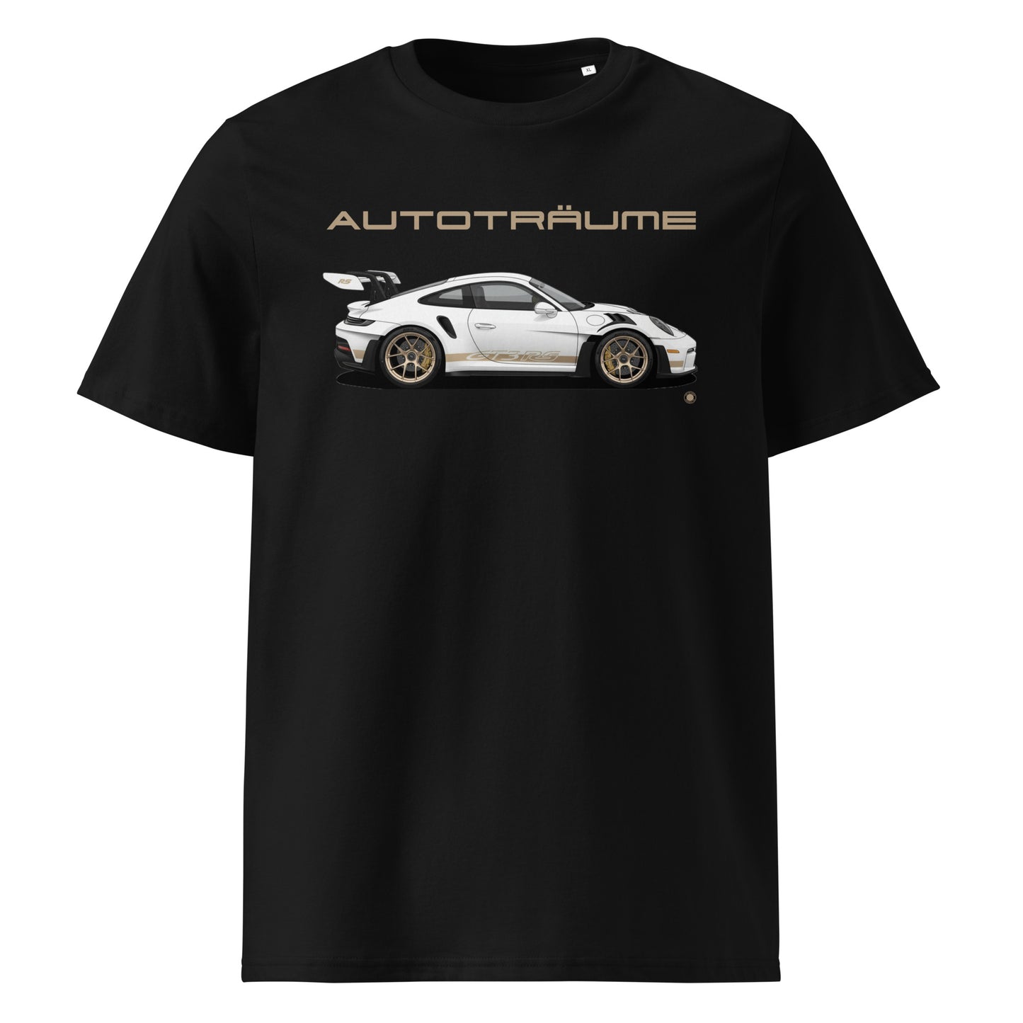 Black AUTOTRÄUME GT3 RS T-Shirt with Gold Detail fornt view.