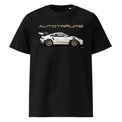 Black AUTOTRÄUME GT3 RS T-Shirt with Gold Detail fornt view.