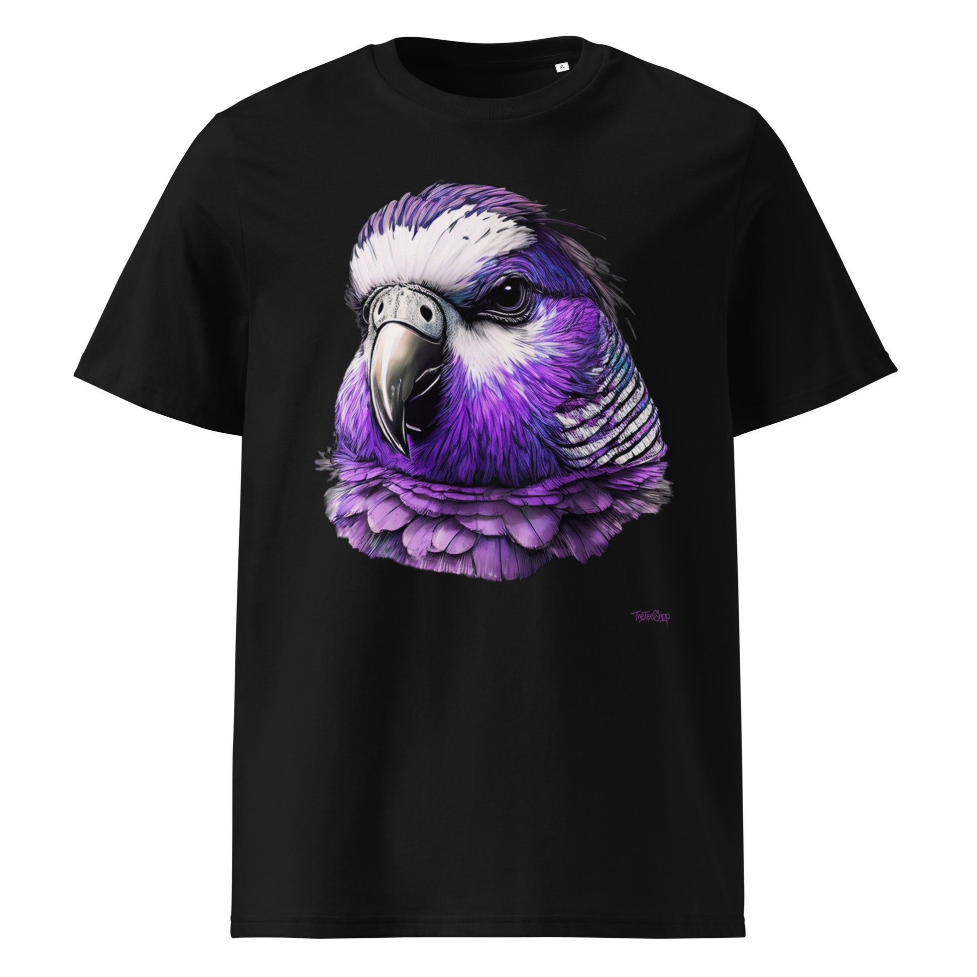 Black Terenure College Rugby T-Shirt featuring a purple, black and white budgie