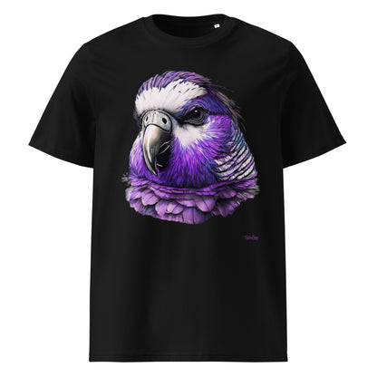 Black Terenure College Rugby T-Shirt featuring a purple, black and white budgie