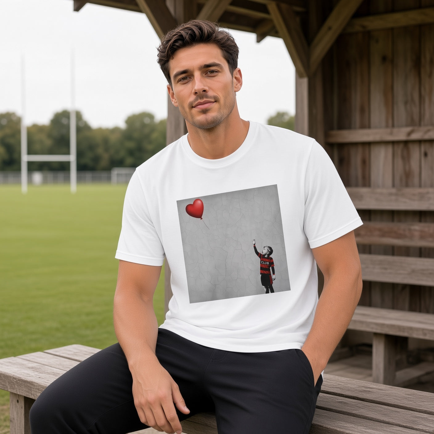 Male model sitting on a bench at a rugby club wearing a white Blackheath Boy Dreams street art t-shirt with a stencil-style boy in club colours reaching for a red heart balloon