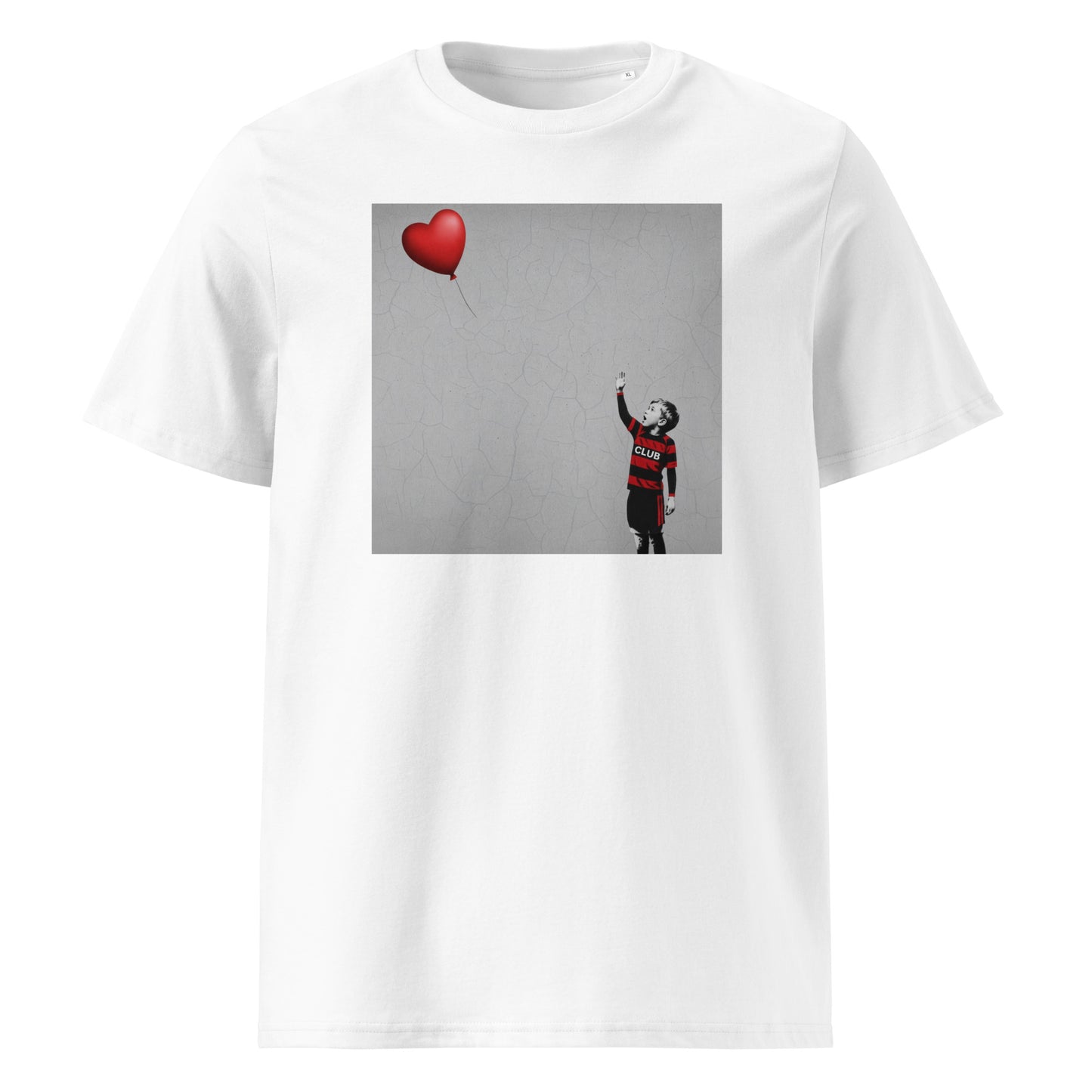 Front view of a white unisex organic cotton Blackheath Boy Dreams street art t-shirt showing a stencil-style boy in Blackheath rugby club colours reaching for a red heart balloon on a grey wall background