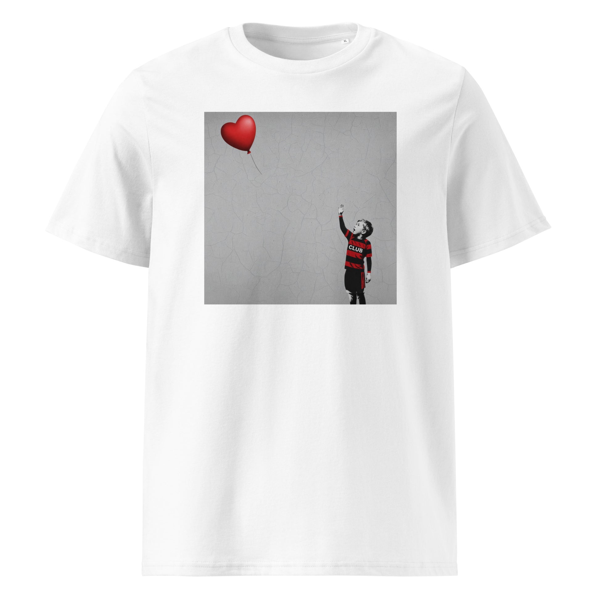 Front view of a white unisex organic cotton Blackheath Boy Dreams street art t-shirt showing a stencil-style boy in Blackheath rugby club colours reaching for a red heart balloon on a grey wall background