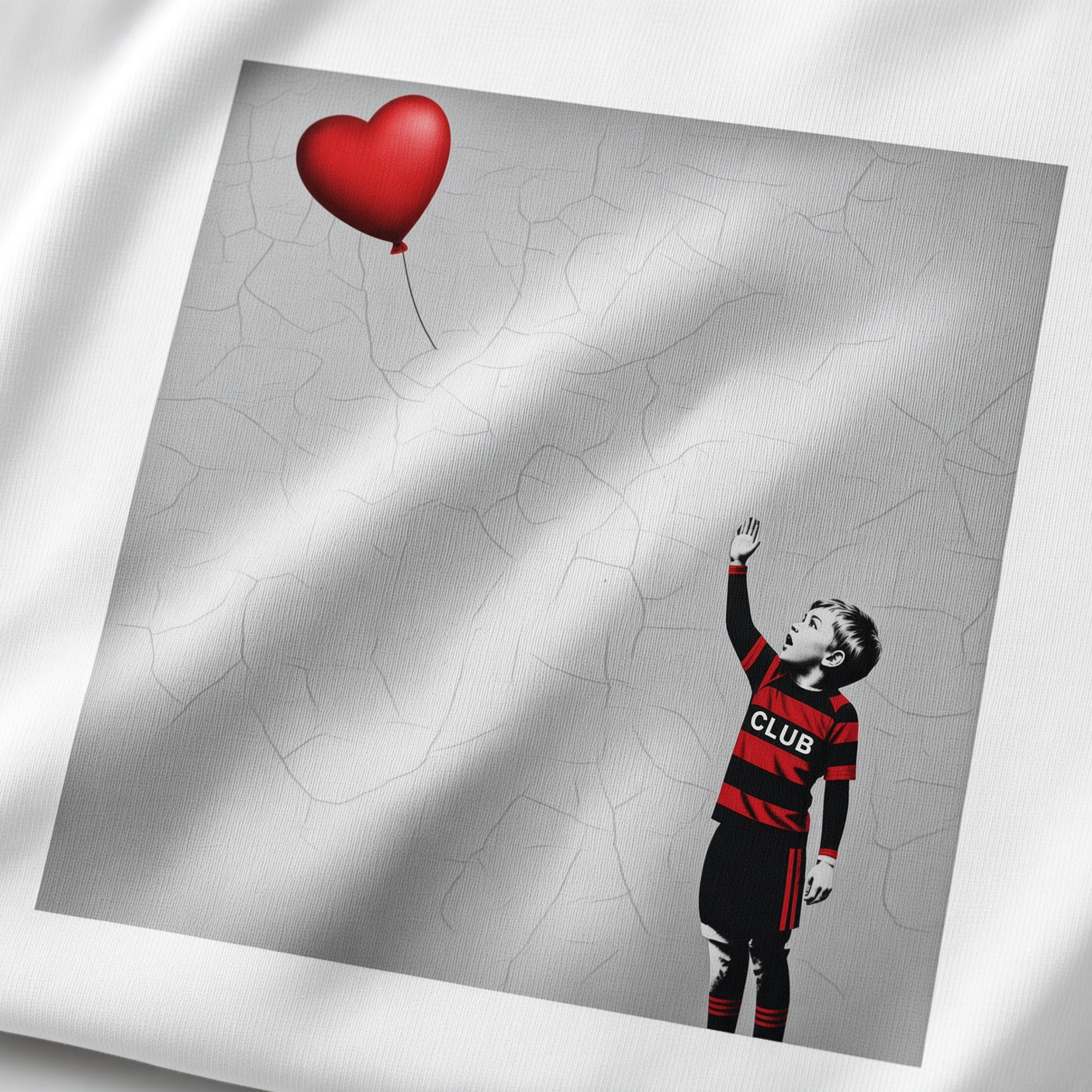Close-up of the Blackheath Boy Dreams street art t-shirt print showing a stencil-style boy in Blackheath rugby club colours reaching for a red heart balloon on a textured grey wall background