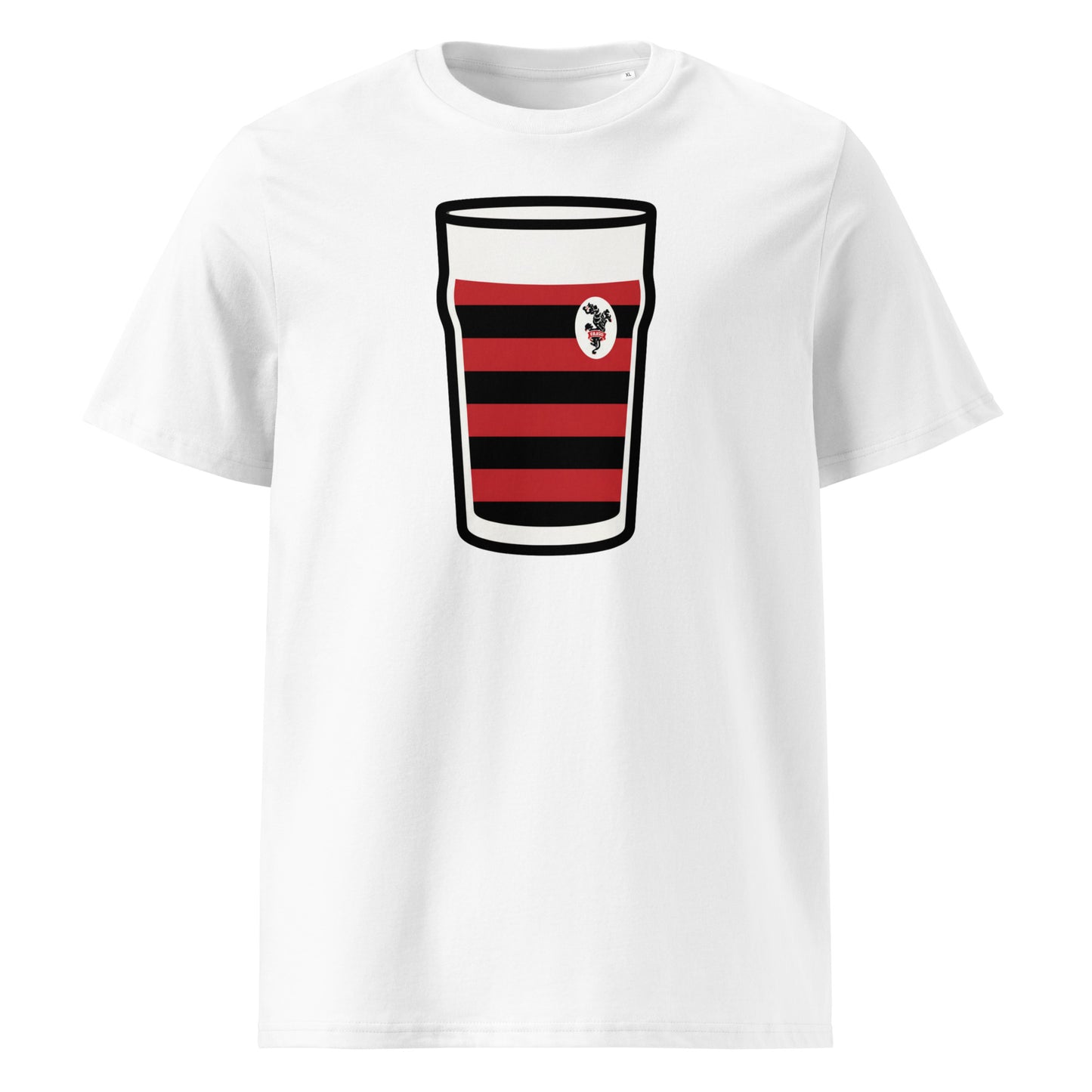 White Blackheath Rugby Club Vintage Mega Pint Rugby T-Shirt with red and black hooped pint glass graphic and Blackheath Rugby crest.