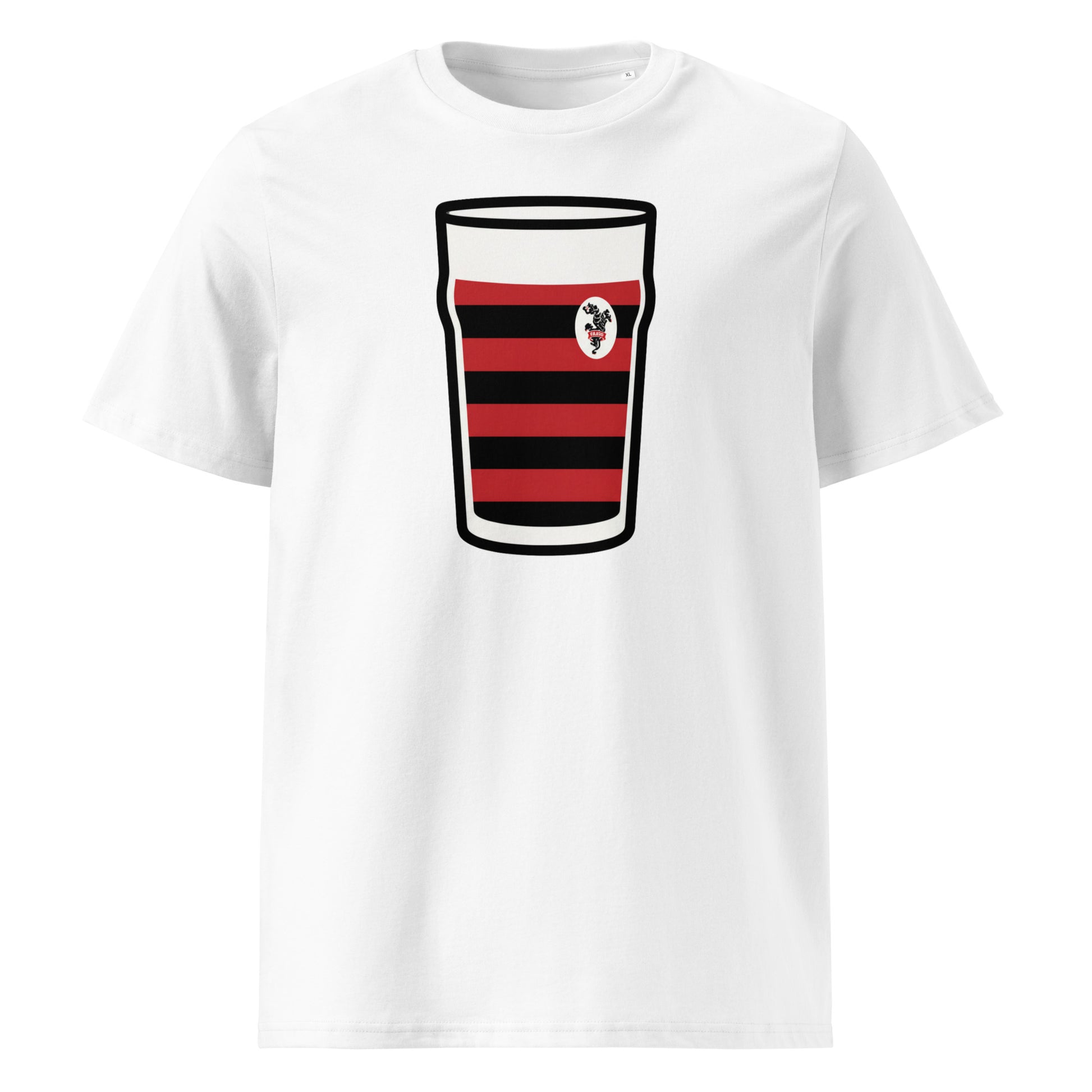 White Blackheath Rugby Club Vintage Mega Pint Rugby T-Shirt with red and black hooped pint glass graphic and Blackheath Rugby crest.