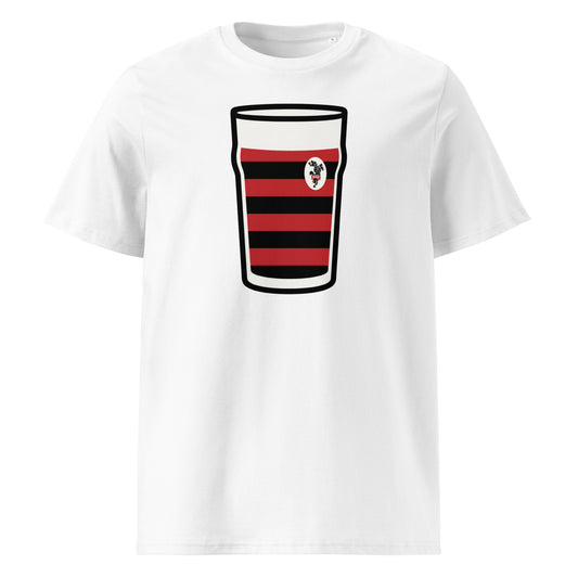 White Blackheath Rugby Club Vintage Mega Pint Rugby T-Shirt with red and black hooped pint glass graphic and Blackheath Rugby crest.