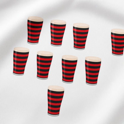 Close-up of the Blackheath Team Pints t-shirt print showing multiple small red and black striped pint graphics on white fabric for rugby match day supporters