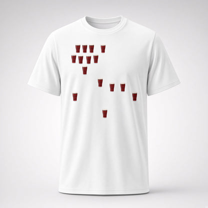 White Blackheath Team Pints rugby t-shirt featuring multiple small red and black striped pint graphics scattered across the front for match day supporters in South East London