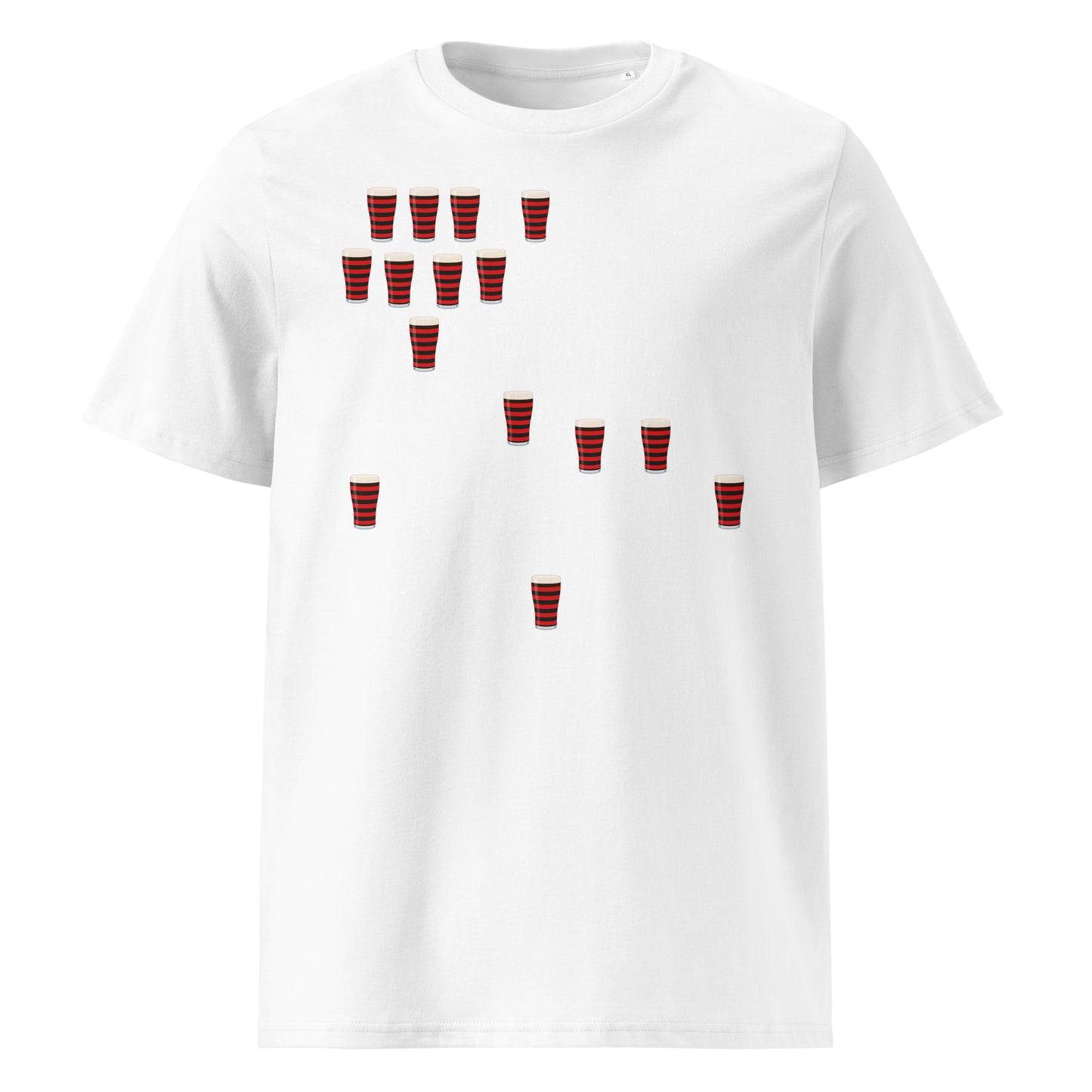 Front view of a white unisex organic cotton Blackheath Team Pints rugby t-shirt with multiple small red and black striped pint graphics scattered across the chest for match day supporters
