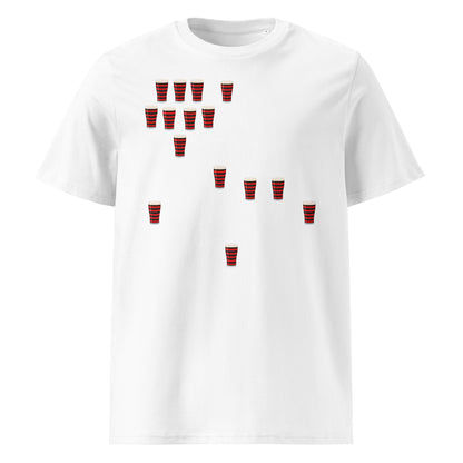 Front view of a white unisex organic cotton Blackheath Team Pints rugby t-shirt with multiple small red and black striped pint graphics scattered across the chest for match day supporters