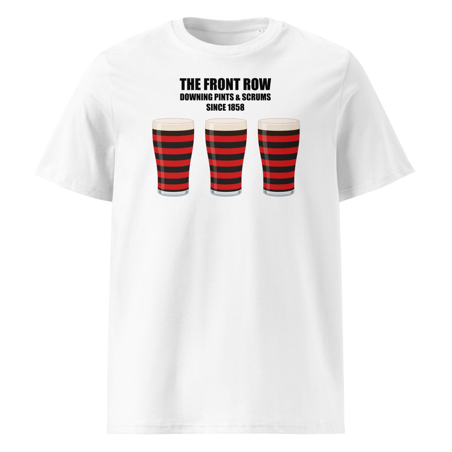 White Blackheath rugby supporter t-shirt reading “The Front Row – Downing Pints & Scrums Since 1858” with three red and black striped pint graphics