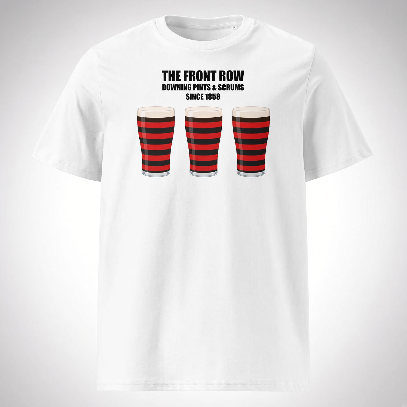 White Blackheath rugby t-shirt reading “The Front Row - Downing Pints & Scrums Since 1858” with three red and black striped pint graphics for match day supporters