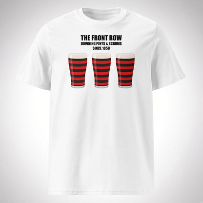 White Blackheath rugby t-shirt reading “The Front Row - Downing Pints & Scrums Since 1858” with three red and black striped pint graphics for match day supporters