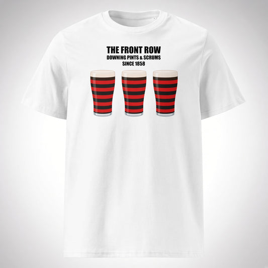 White Blackheath rugby t-shirt reading “The Front Row - Downing Pints & Scrums Since 1858” with three red and black striped pint graphics for match day supporters
